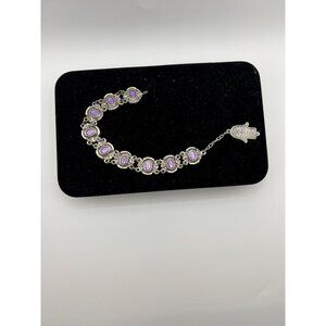 Vintage 1970's bracelet with Hamsa charm, rich purple glass inlays